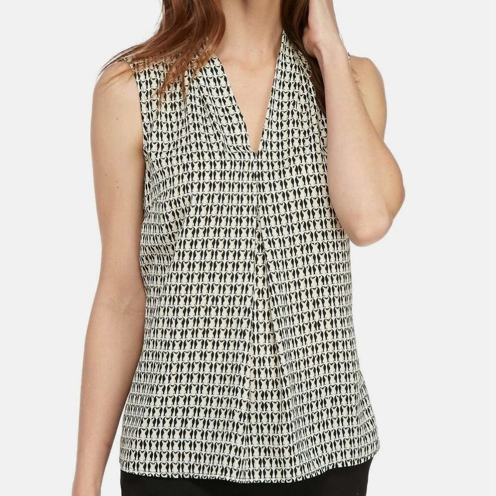 NINE WEST PENGUIN PLEATED FRONT BEIGE BLACK CAREER V-NECK BLOUSE MEDIUM